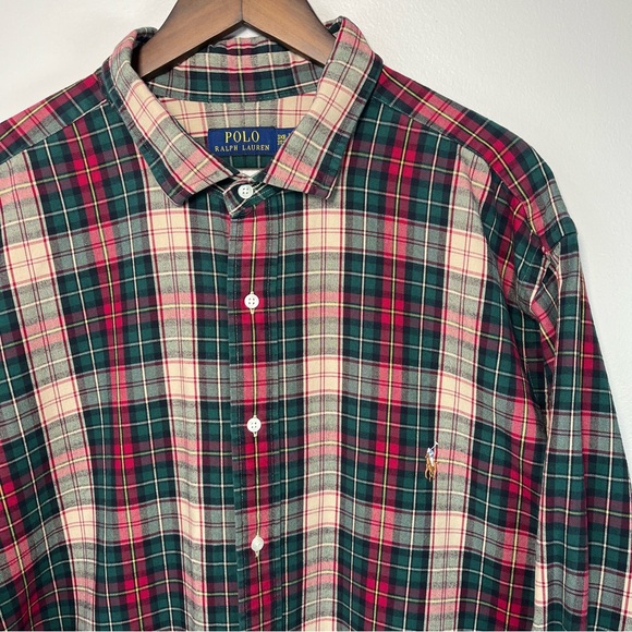 Polo Ralph Lauren Men's 3XB Red Green Tartan Plaid Button Down Shirt Flesh Pony - Picture 1 of 12
